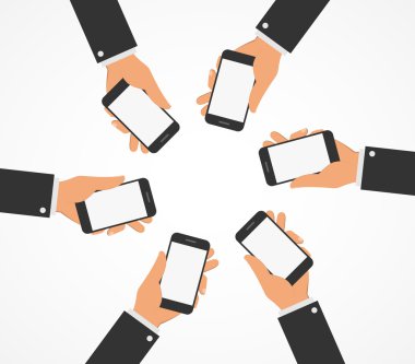 İnsanlar cep telefonu tutuyor. Düz stil.