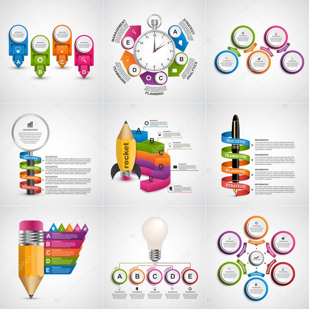 Big collection of colorful infographics. Design elements. Infographics for business presentations or information banner.