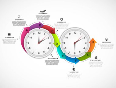 Bilgi grafikleri tasarım şablonu. Dairesel bir oku ve içindeki saati olan bir kronometre. Vektör illüstrasyonu.