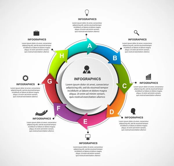 Plantilla de infografías de opciones abstractas con flechas en círculo. Infografías para presentaciones de negocios o banner informativo . — Vector de stock