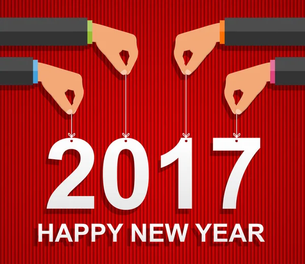 Feliz ano novo 2017. mãos humanas segurar as figuras de papel cordas em um fundo vermelho . — Vetor de Stock