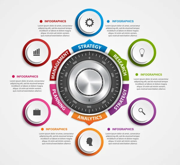 Infographic tasarım şablonu. Koruma bilgileri. Kombinasyon güvenli kilit tasarım konsepti.