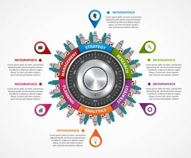 Infographic tasarım şablonu. Koruma bilgileri. Kombinasyon güvenli kilit tasarım konsepti.