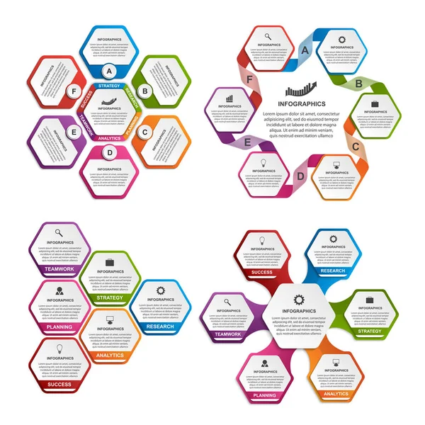 Sammlung bunter Sechsecke für Infografiken. Designelemente. Infografiken für Unternehmenspräsentationen oder Informationsbanner. — Stockvektor