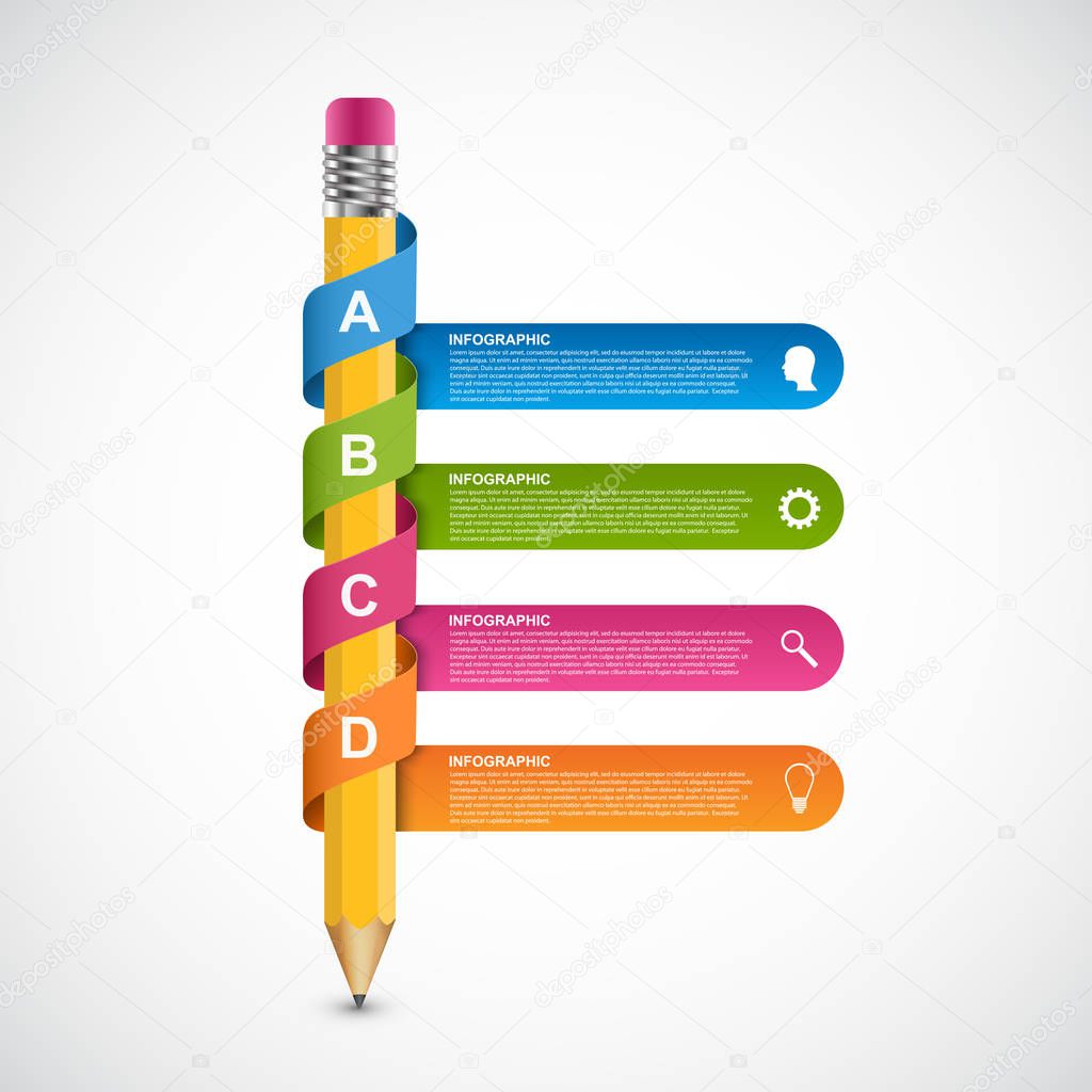 Infographics template. Pencil with colored ribbons.