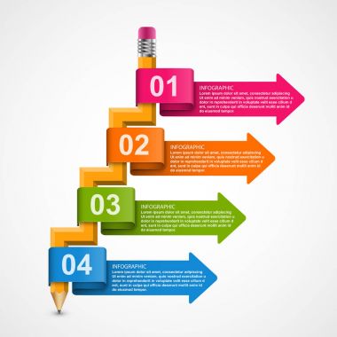 Kalem ve renkli oklar eğitim Infographics şablonu. İş sunumları veya bilgi başlığı için Infographics.
