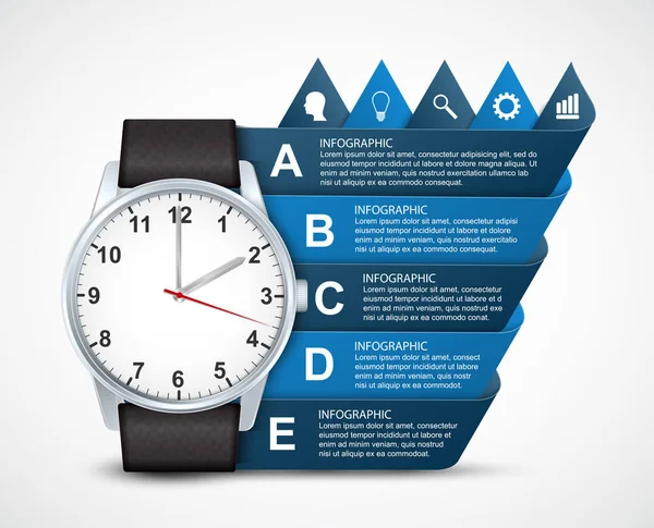 Szablon projektu infografiki z zegarem. Mogą być używane do prezentacji biznesowych, informacji baner, wizualizacji pomysł, osi czasu lub web design. — Wektor stockowy