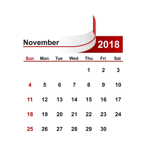 Vetor calendário simples 2018 ano novembro mês . — Vetor de Stock