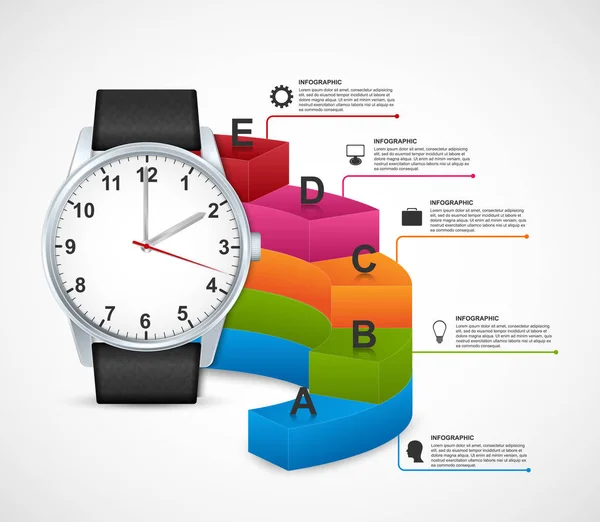 Design-Infografik mit Uhr. kann für Unternehmenspräsentationen, Informationsbanner, Visualisierungsidee, Timeline oder Webdesign verwendet werden. — Stockvektor