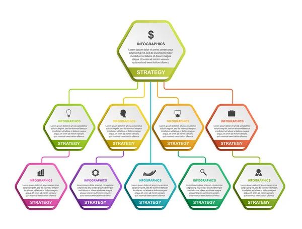 Plantilla de organigrama de diseño infográfico para presentaciones de negocios, banner de información, cronología o diseño web. — Archivo Imágenes Vectoriales