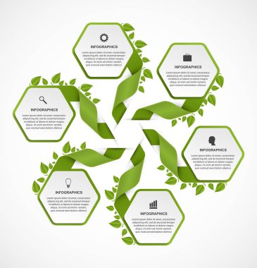 Infographics altıgenler ile. Yeşil yaprakları ile şeritler. İş sunumları veya bilgi başlığı için Infographics.