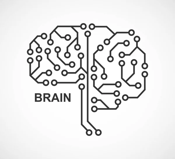 機械学習。人工知能。プリント基板からの脳を持つ技術的背景。脳アイコン. — ストックベクタ