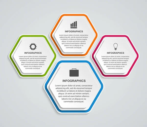 Modelo de infográficos de opções de hexágono. Infográficos para apresentações de negócios ou banner de informações. —  Vetores de Stock