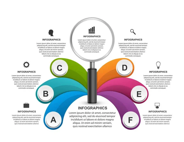 Plantilla Infografías Vectoriales Con Lupa Para Presentaciones Negocios Banner Informativo — Vector de stock