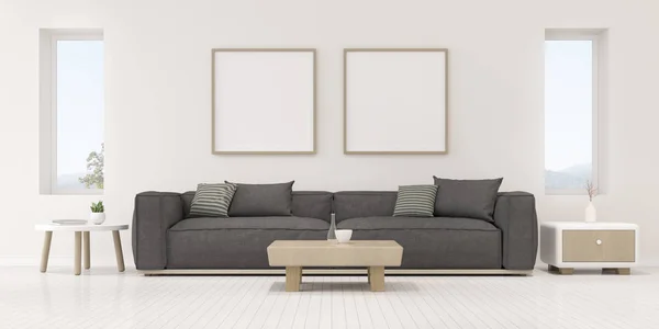 壁にグレーのソファと白の空白の画像フレームと現代の高級リビングルームのパースペクティブ 自然を背景に大きな窓と最小限の 家のアイデア 3Dレンダリング — ストック写真