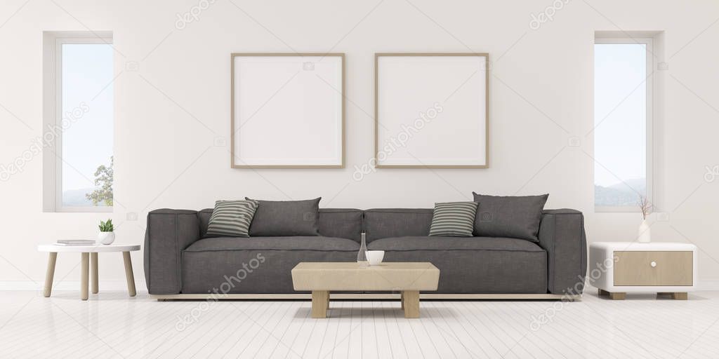 Perspective of modern luxury living room with grey sofa and white blank picture frame on wall, Minimal, home idea with large window on nature background. - 3D rendering.