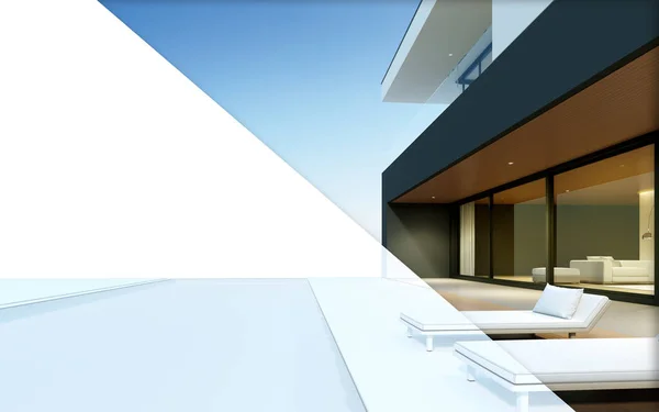 半框架的豪华现代住宅的观点 游泳池以森林湖为背景 建筑线框 最低建筑设计理念 3D渲染 — 图库照片