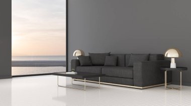 Oturma odası manzarası, koyu kumaştan kanepe ve boş duvarda yuvarlak masa ve parlak lamine döşeme. Deniz manzaralı arka planda altın lambalı minimal iç tasarım perspektifi. 3d oluşturma.