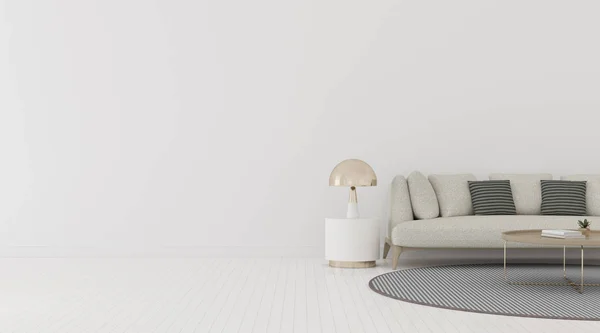 Blick Auf Wohnzimmer Mit Sofa Und Rundem Beistelltisch Leerer Wand — Stockfoto