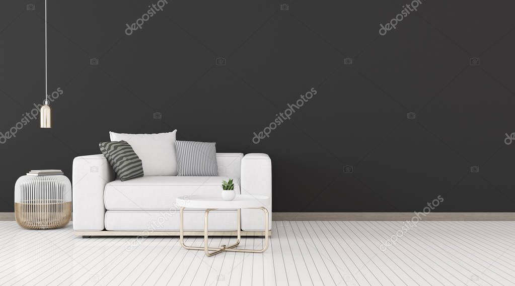 View of living room space with sofa and round side table on dark wall and bright laminate floor.Perspective of minimal Interior design with gold lamp. 3d rendering.