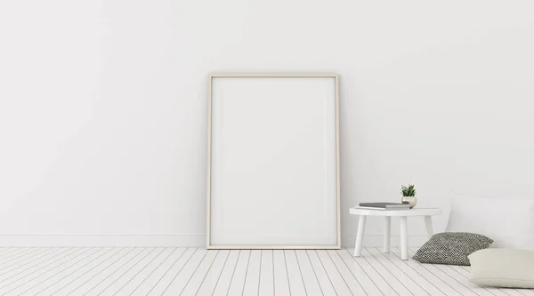 Образец Белого Пустого Каркаса Бокового Стола Подушками Ламинатном Полу Идея — стоковое фото