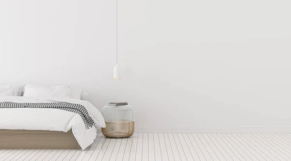 Perspektive Des Modernen Schlafzimmers Mit Bett Und Weißer Hängelampe Interieur — Stockfoto