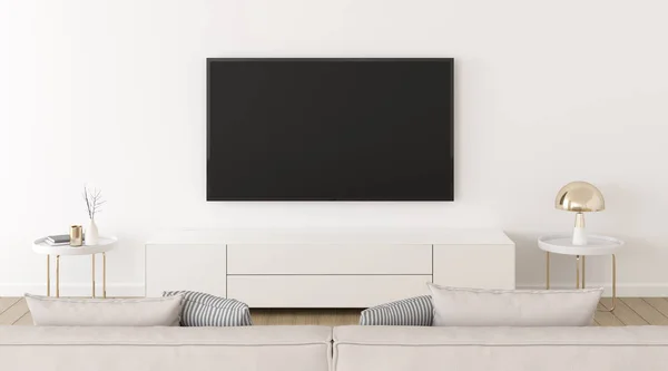 Televizyon ve altın lambalı beyaz oturma odası manzarası, televizyonlu iç tasarım ve beyaz duvarlı dolap, 3D görüntüleme.