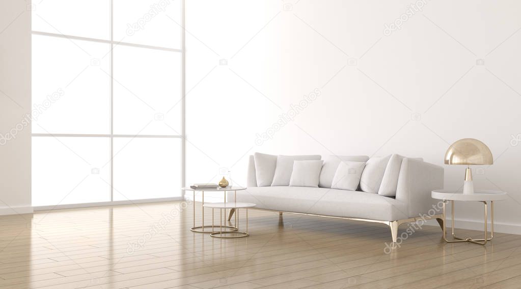 View of living room space with fabric sofa and round side table on white wall. Perspective of minimal Interior design with gold lamp. 3d rendering.