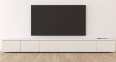 Boş duvarlı asgari oturma odası manzarası. Beyaz iç döşeme televizyon kabinesi, 3D görüntüleme.