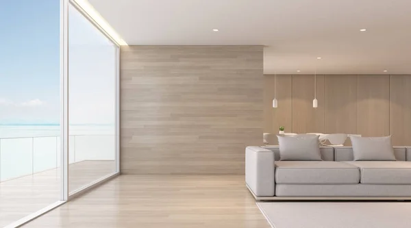 Deniz manzaralı kanepesi olan modern lüks oturma odası perspektifi, kereste iç tasarımı - 3D görüntüleme.