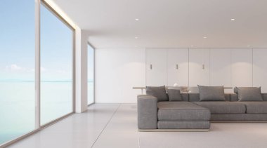 Deniz manzaralı gri kanepeli modern lüks oturma odası manzarası, beyaz mermer fayanslar ve parlak iç tasarım - 3D görüntüleme.