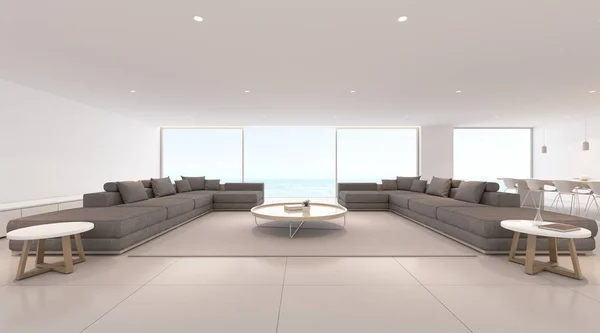 Perspektive Auf Moderne Luxus Wohnzimmer Mit Grauem Sofa Auf Meeresblick — Stockfoto