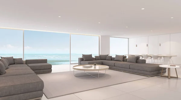 海景背景下灰色沙发 白色大理石瓷砖和明亮室内设计的现代豪华客厅透视 3D渲染 — 图库照片