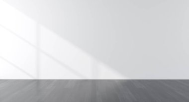 Beyaz boş oda ve ahşap kaplama zemin, güneş ışığıyla kaplanmış, asgari tamamlayıcı tasarımın perspektifi olan gölgeyi duvara yansıtıyor. 3d oluşturma