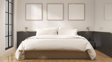 Beyaz yatak odası ve duvarında boş resim çerçeveleri olan modern yatak odası perspektifi, iç tasarımı çok az. 3d oluşturma.