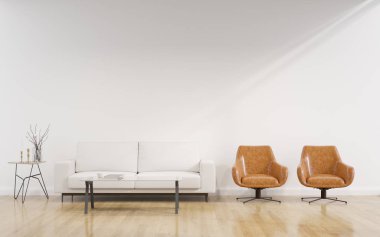 Laminat zemin üzerinde kanepe ve küçük yan masa ile minimal tarzda beyaz oturma odası görünümü. İç tasarım perspektifi. 3d render.