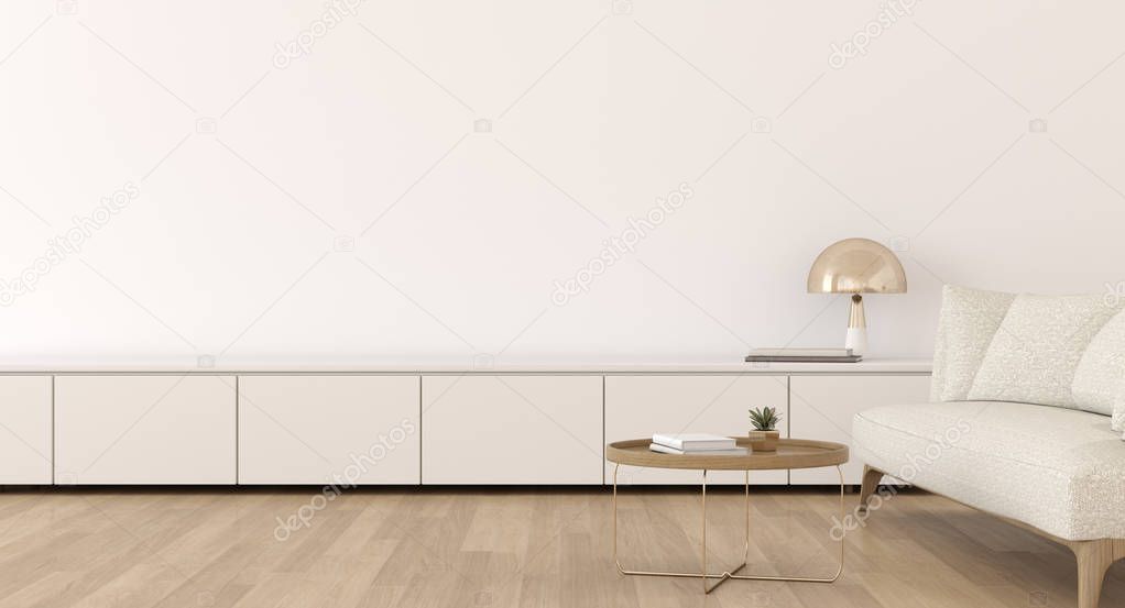 View of minimal living room with sofa on empty wall background. White interior with cabinet and gold lamp, 3d rendering.