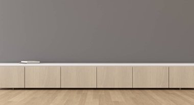 Boş duvarlı asgari oturma odası manzarası. İçi televizyon dolabı ve altın lambayla dolu. 3d oluşturma.