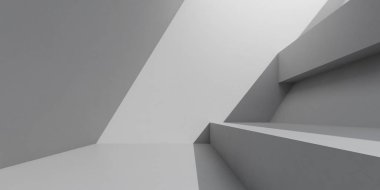 Güneş ışığıyla soyut iç mekan gölgesi duvara ve zemine, geometrik yapı tasarımına, vahşet mimarisi perspektifine, 3D canlandırmasına yansıdı..