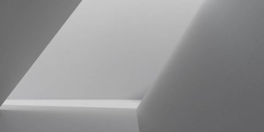 Güneş ışığıyla soyut iç mekan gölgesi duvara ve zemine, geometrik yapı tasarımına, vahşet mimarisi perspektifine, 3D canlandırmasına yansıdı..