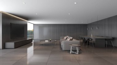 Modern lüks oturma odasının perspektifi yemek masalı gri deri kanepe ve göl manzaralı televizyon dolabı, koyu kereste iç tasarımı - 3D görüntüleme.