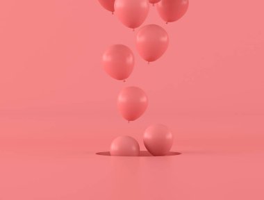 Delikten süzülen balonların pembe rengi, minimum, hediye fikri, 3D görüntüleme.
