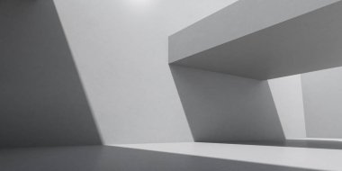 Güneş ışığıyla soyut iç mekan gölgesi duvara ve zemine, geometrik yapı tasarımına, vahşet mimarisi perspektifine, 3D canlandırmasına yansıdı..