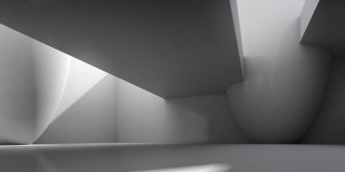 Güneş ışığıyla soyut iç mekan gölgesi duvara ve zemine, geometrik yapı tasarımına, vahşet mimarisi perspektifine, 3D canlandırmasına yansıdı..