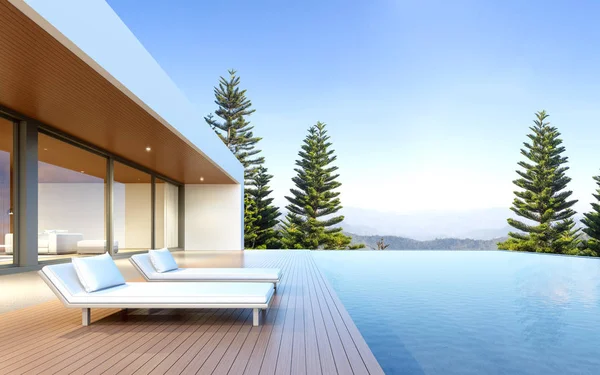 Prospettiva Lusso Casa Moderna Con Piscina Giorno Pini Sfondo Montagna — Foto Stock