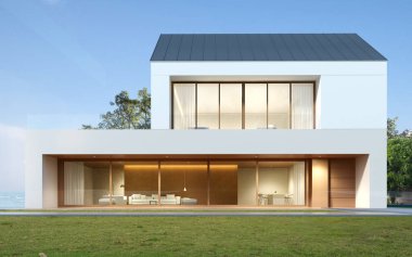 Ahşap terası ve deniz manzaralı çim tarlası olan modern lüks bina manzarası. Metal çatılı çift katlı evler. 3d oluşturma.