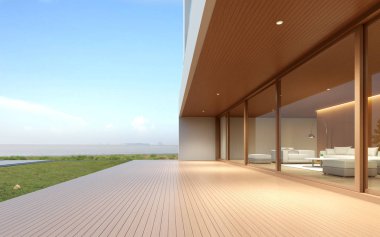 Ahşap terası ve deniz manzaralı çim tarlası olan modern lüks bina manzarası. Metal çatılı çift katlı evler. 3d oluşturma.