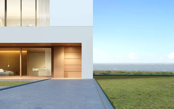 Perspective Modern Luxury Building Wood Terrace Grass Field Sea View — 스톡 사진