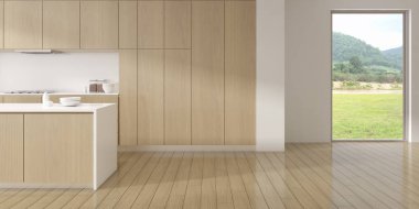 Yemek masası ve modern mutfak dolabı olan modern lüks iç mekan manzarası, doğa arka planında mutfak adası. 3d oluşturma.