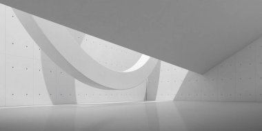 Güneş ışığıyla soyut iç mekan gölgesi yuvarlak heykel, Geometrik yapı tasarımı, müze alanı, vahşet mimarisi perspektifi, 3D görüntüleme